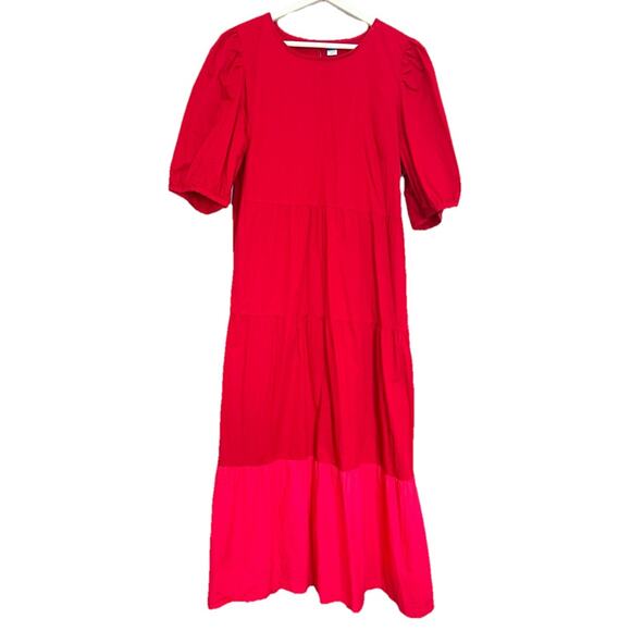 Old Navy Puff Sleeve Maxi Dress Size L Red Valentine Tiered Comfort Peasant